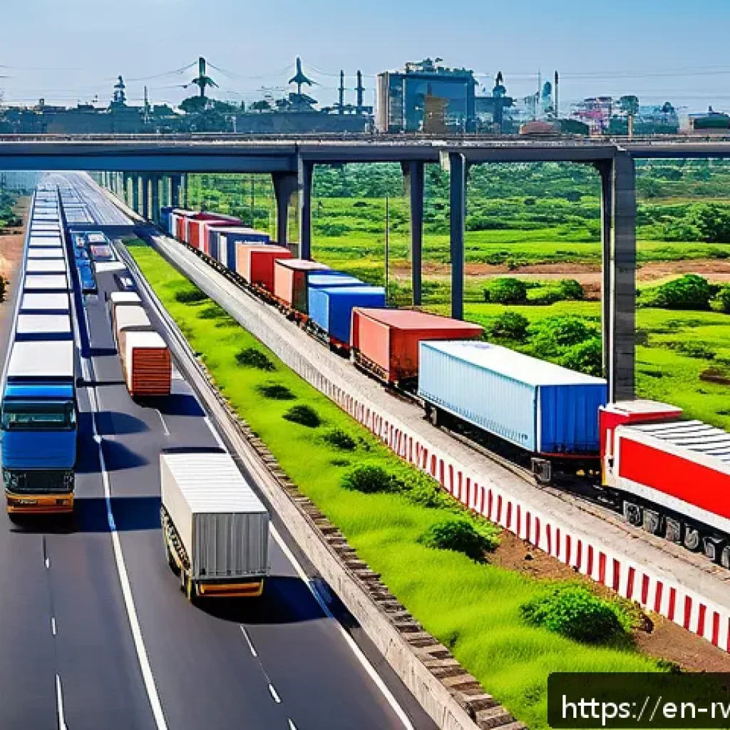 르완다의 국제 무역 정책 - A bustling East African logistics hub featuring modernized transport infrastructure: wide paved high...