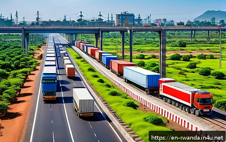 르완다의 국제 무역 정책 - A bustling East African logistics hub featuring modernized transport infrastructure: wide paved high...