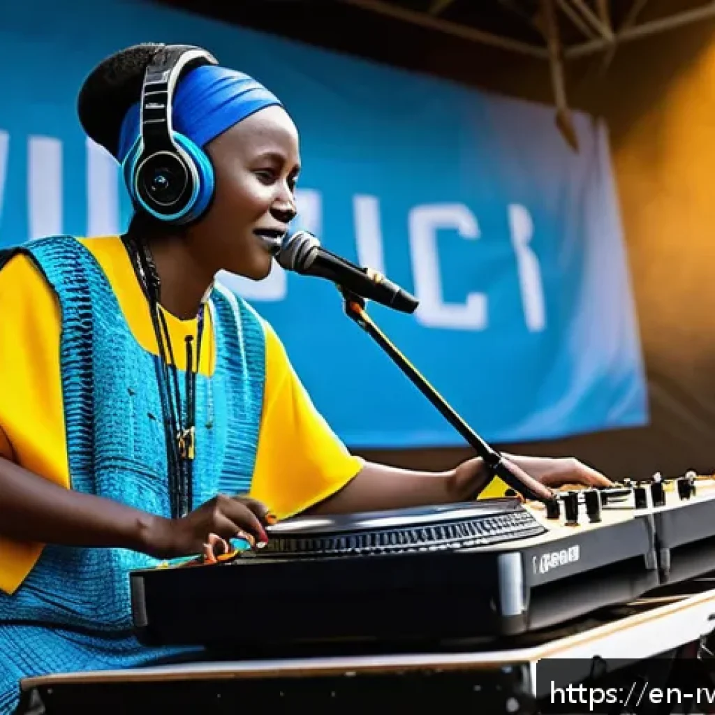 르완다 민속 음악의 글로벌 협력 사례 - A vibrant concert scene featuring a diverse group of musicians on stage blending traditional Rwandan...