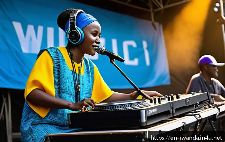 르완다 민속 음악의 글로벌 협력 사례 - A vibrant concert scene featuring a diverse group of musicians on stage blending traditional Rwandan...