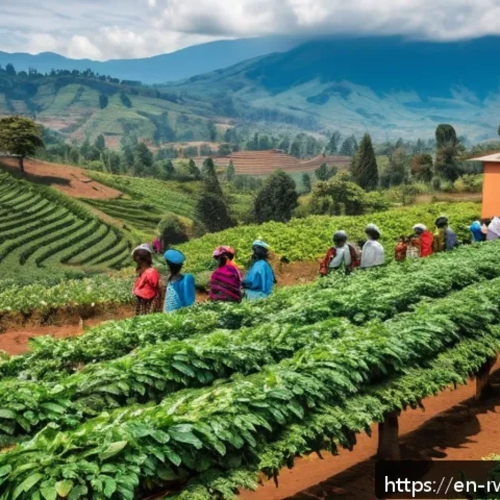 르완다 수출 주요 품목 - A vibrant highland coffee farm in Rwanda during harvest season, showcasing rows of lush coffee plant...