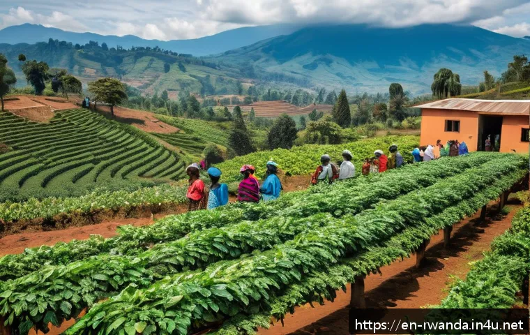 르완다 수출 주요 품목 - A vibrant highland coffee farm in Rwanda during harvest season, showcasing rows of lush coffee plant...