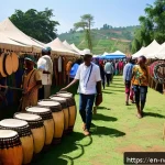르완다 민속 음악 공연의 경제적 효과 - A vibrant outdoor music festival scene in Rwanda featuring local artisans’ stalls with handcrafted t...