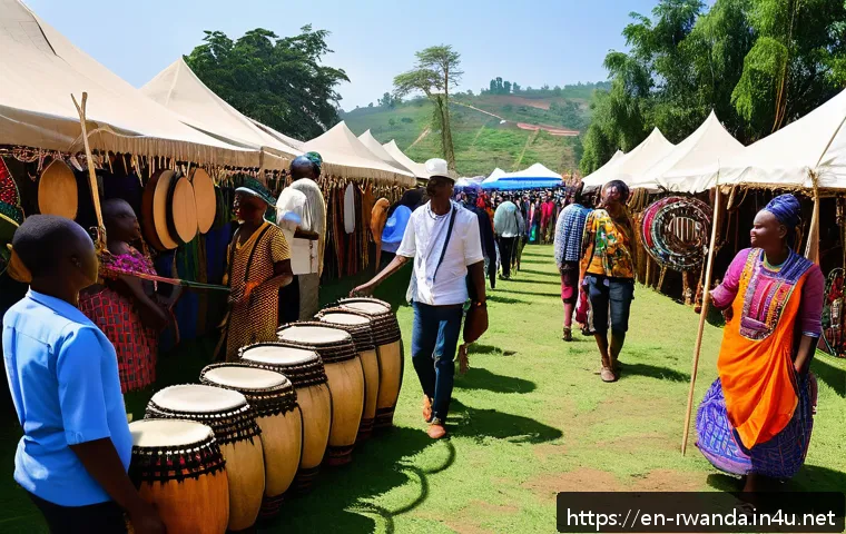 르완다 민속 음악 공연의 경제적 효과 - A vibrant outdoor music festival scene in Rwanda featuring local artisans’ stalls with handcrafted t...