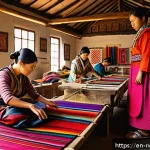 르완다 민속 춤 대회 준비 과정 - A vibrant scene of traditional festival costume artisans in a sunlit workshop, meticulously handweav...