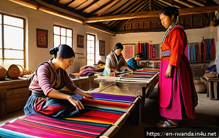 르완다 민속 춤 대회 준비 과정 - A vibrant scene of traditional festival costume artisans in a sunlit workshop, meticulously handweav...