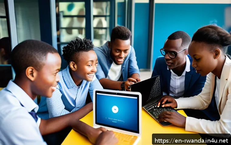 르완다 국제 개발 프로젝트 - A vibrant modern tech hub in Kigali, Rwanda, bustling with diverse young entrepreneurs collaborating...