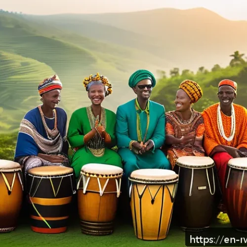 Home 31 르완다의 전통 음악 축제 - A vibrant Rwandan music festival scene showcasing a large drumming circle in an open outdoor setting...