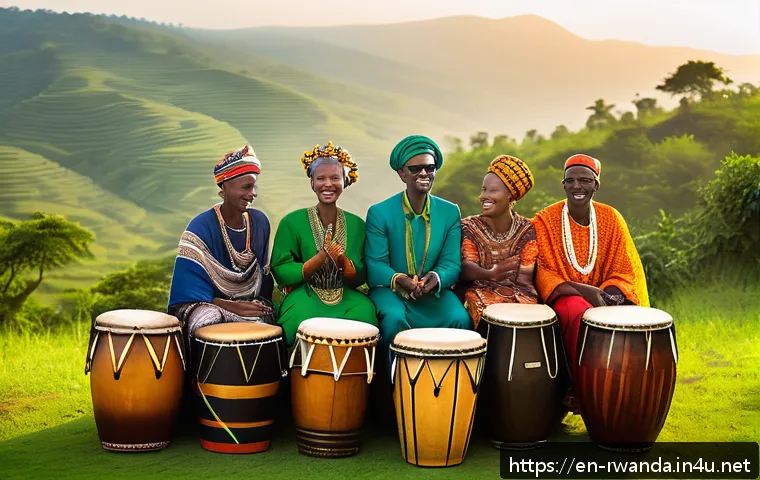 르완다의 전통 음악 축제 - A vibrant Rwandan music festival scene showcasing a large drumming circle in an open outdoor setting...