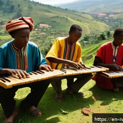 Home 30 르완다 민속 음악 연구소 - A vibrant scene of Rwandan musicians performing traditional folk music outdoors during a community f...