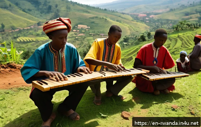 르완다 민속 음악 연구소 - A vibrant scene of Rwandan musicians performing traditional folk music outdoors during a community f...