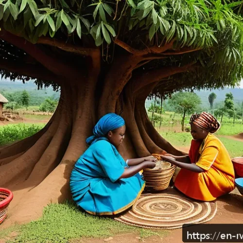 Home 17 르완다 민속 마을 체험 - A vibrant Rwandan village scene showing skilled artisans weaving colorful baskets from natural fiber...