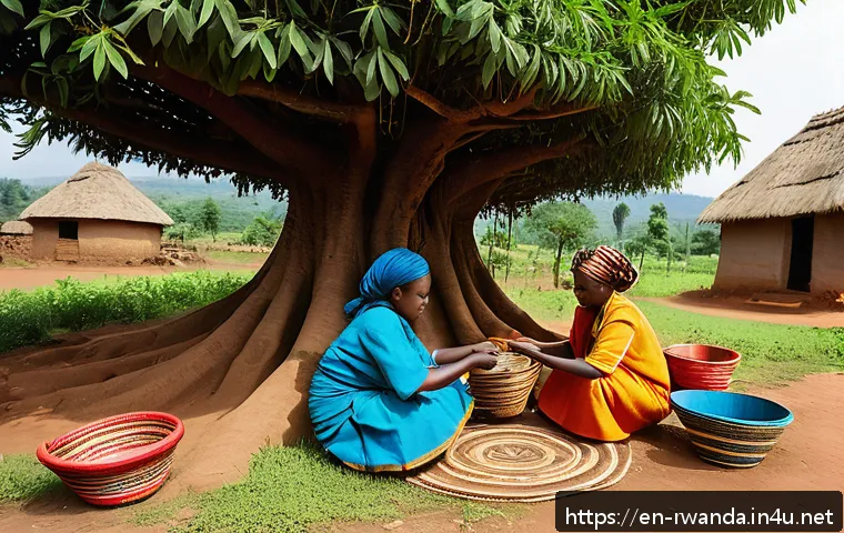 르완다 민속 마을 체험 - A vibrant Rwandan village scene showing skilled artisans weaving colorful baskets from natural fiber...
