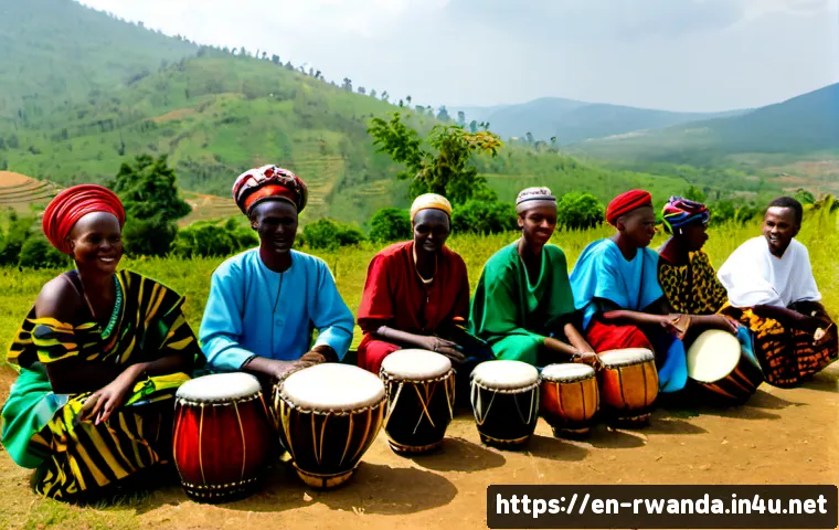 르완다 민속 음악 축제 - Photorealistic Rwanda folk music festival at golden hour, a small ensemble of Rwandan musicians in c...