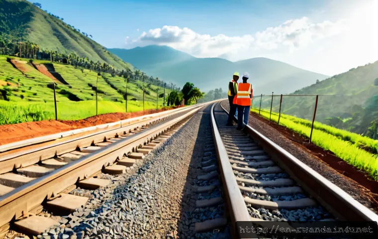 르완다의 철도 프로젝트 - Photorealistic wide-angle view of a modern railway construction project crossing Rwanda’s lush rolli...