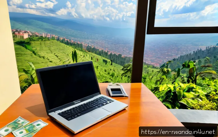 Home 15 르완다의 주요 경제 지표 - Photorealistic economic development scene in Kigali, Rwanda: a modern office desk with an unbranded ...