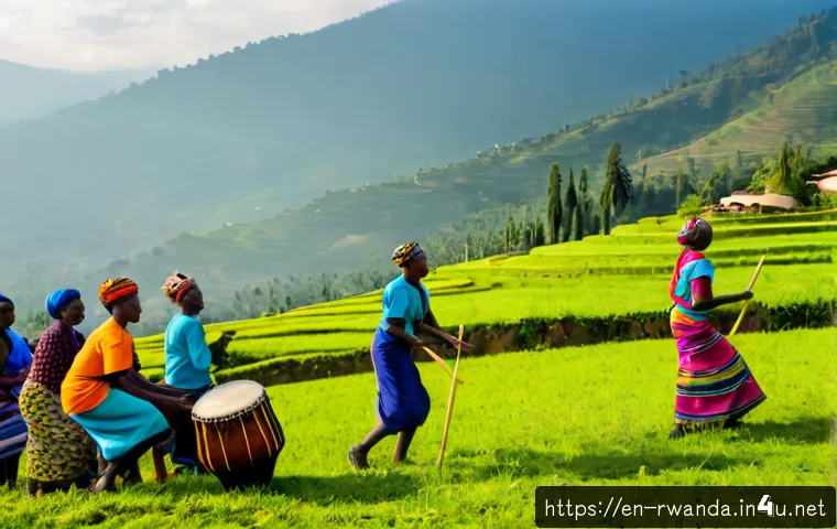 르완다에서의 지역 축제 - Photorealistic community festival in rural Rwanda, joyful families and elders gathered on a green hi...