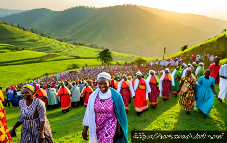 르완다의 종교 축제 - Photorealistic Rwandan Christian religious festival at sunrise, a diverse congregation in colorful t...