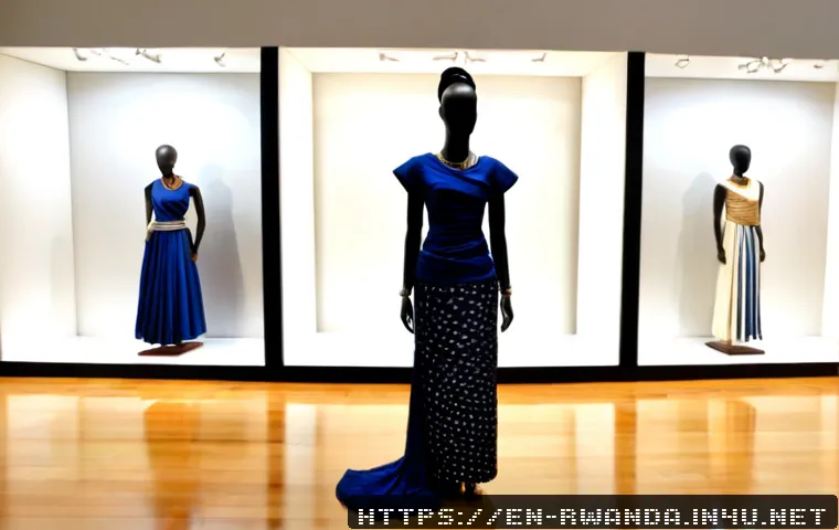 르완다 민속 의상 전시 - Photorealistic museum exhibition featuring elegant Rwandan traditional mushanana garments on faceles...