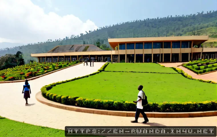 르완다의 국립 도서관 - Photorealistic exterior of a modern national library in Kigali, Rwanda, elegant contemporary archite...