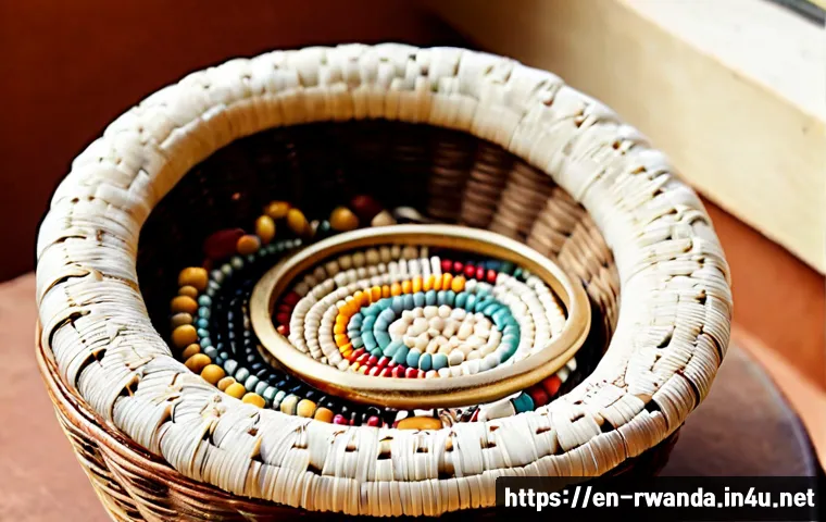 Home 17 르완다 전통 장신구 - Photorealistic close-up of traditional Rwandan jewelry arranged on a handwoven agaseke basket: polis...