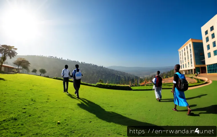 르완다에서의 고등 교육 - Photorealistic wide-angle scene of a modern university campus in Kigali, Rwanda, diverse Rwandan und...