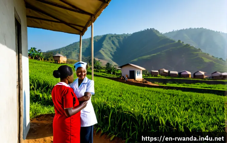 르완다의 주요 NGO 프로젝트 - Photorealistic rural Rwanda community health project, a caring local nurse in modest professional at...